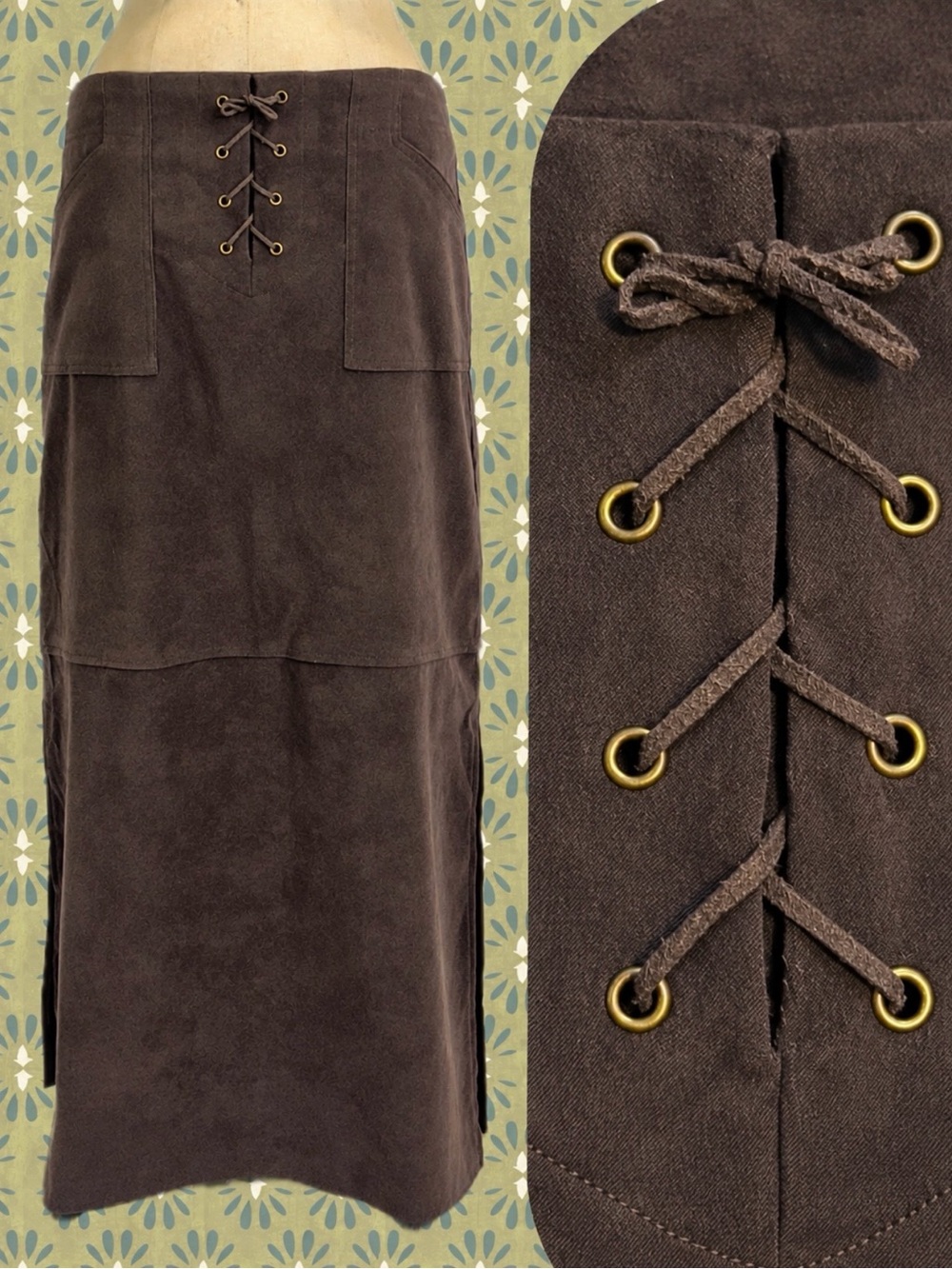 VINTAGE Y2K suede long maxi skirt corset style lace up boho Renaissance Viking